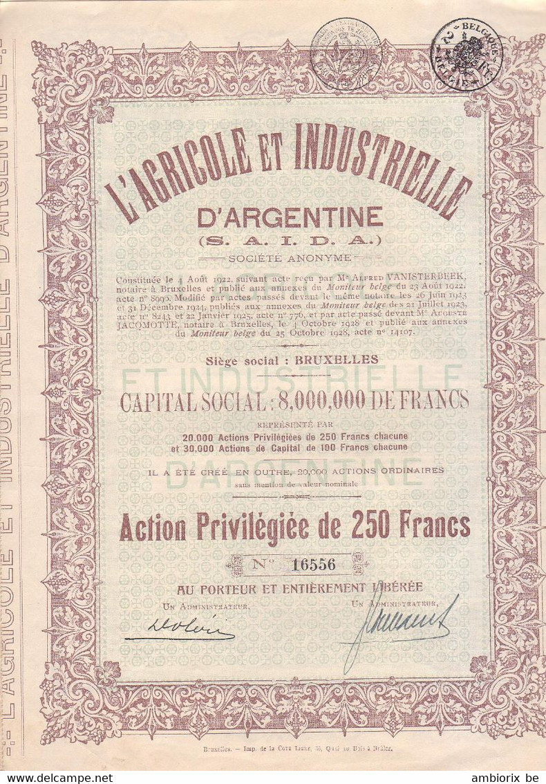 L'Agricole Et Industrielle D'Argentine - Bruxelles - Action Privilégiée De 250 Francs - Capital 8 000 000  - 1928 - Agriculture