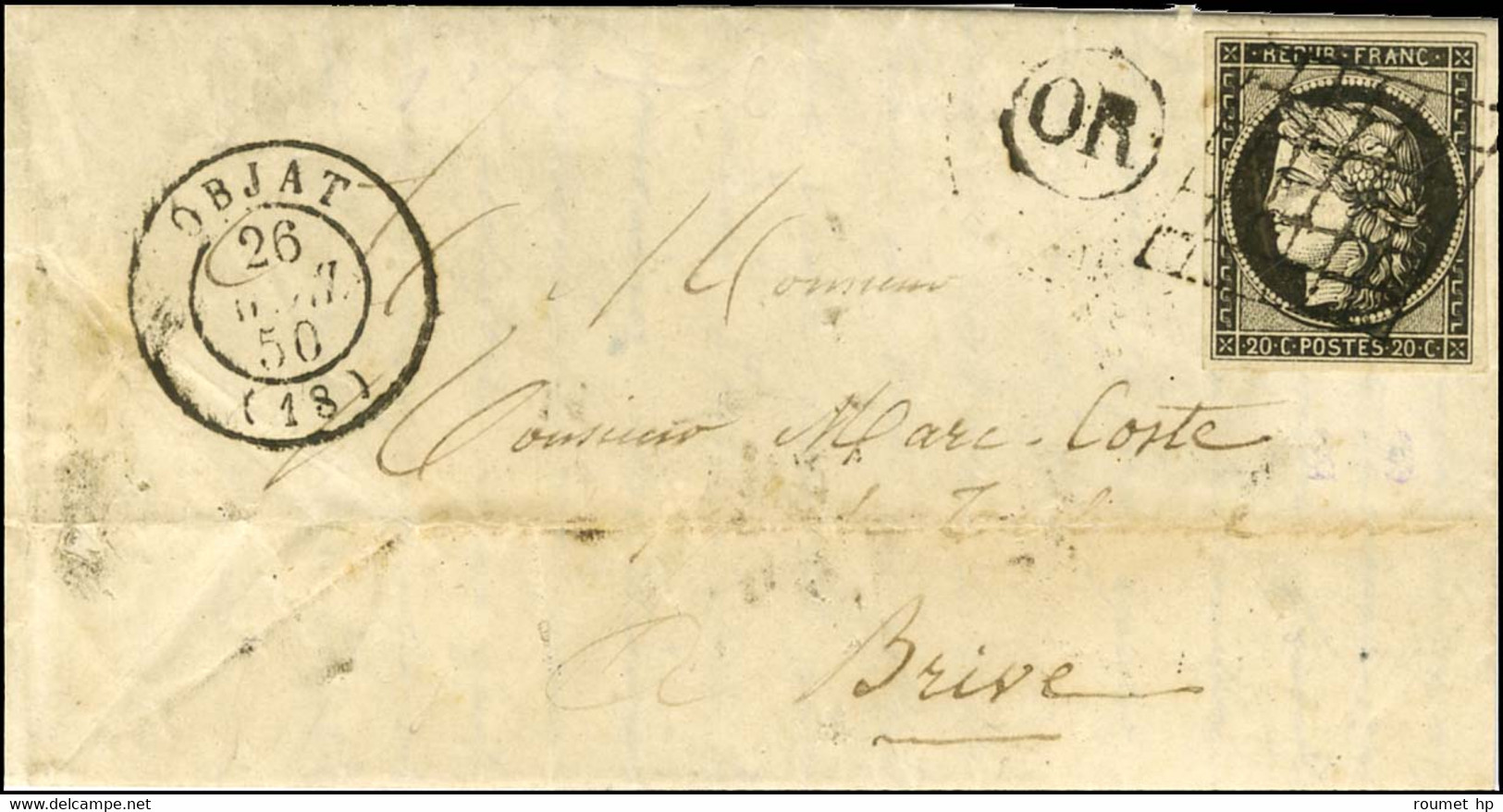 Grille / N° 3 Càd T 15 OBJAT (18), OR Sur Lettre Avec Texte Daté De Souzie Pour Brives. 1850. - TB / SUP. - 1849-1850 Ceres