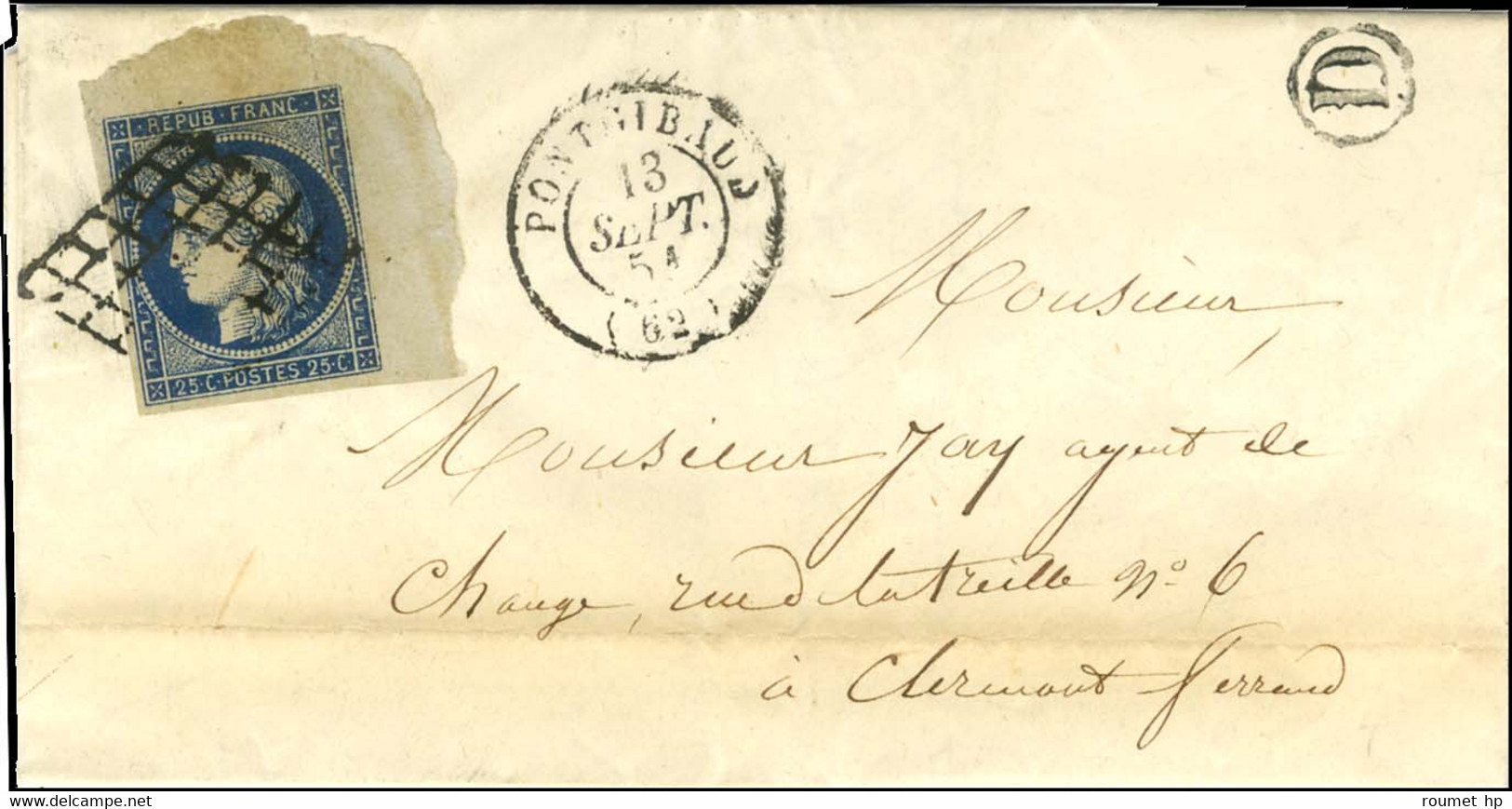 Grille / N° 4 Grand Coin De Feuille Càd T 15 PONTGIBAUD (62), B. RUR D Sur Lettre Avec Texte Daté. 1851. - TB / SUP. - R - 1849-1850 Ceres