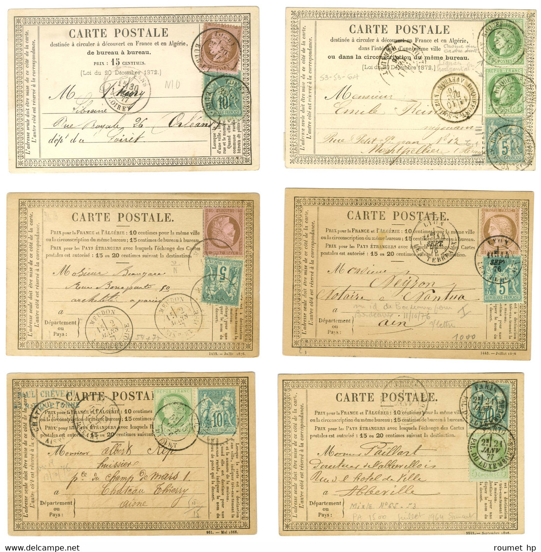 Lot De 6 Cartes Précurseurs Avec Affranchissements Mixtes. - TB. - 1876-1878 Sage (Tipo I)