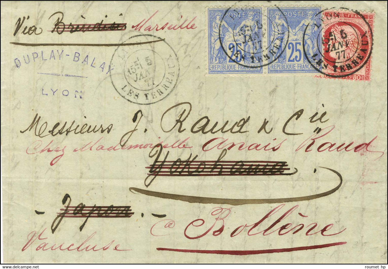 Càd LYON / LES TERREAUX / N° 57 + 78 Paire Sur Lettre Pour Yokohama (Japon) Réexpédiée à Bollene. Au Verso, Càd D'arrivé - 1876-1878 Sage (Type I)