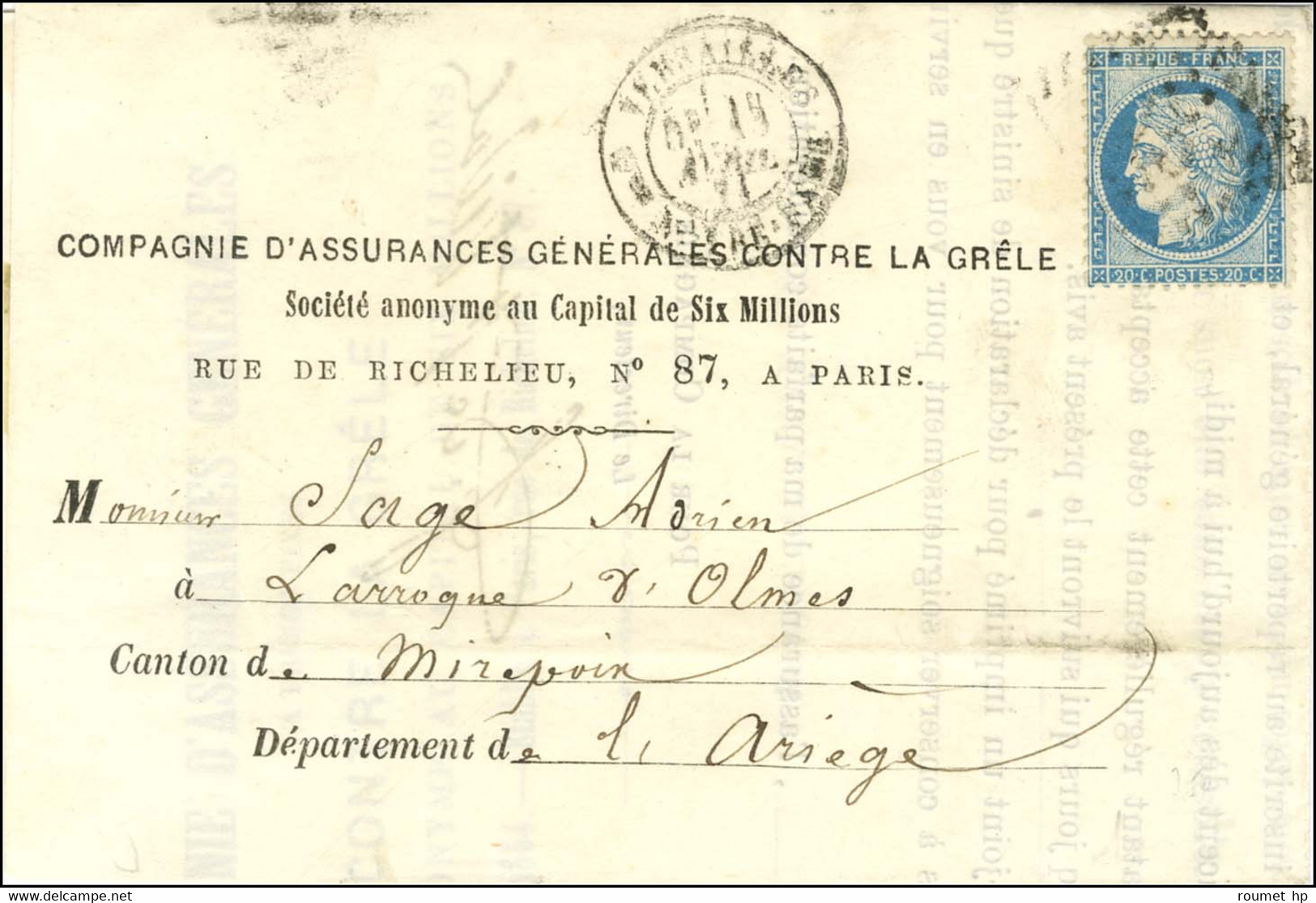 Circulaire De La Compagnie D'Assurance Générale Datée De Paris Le 12 Avril 1871 Pour Mirepoix, Acheminée Par Passeur Pri - War 1870