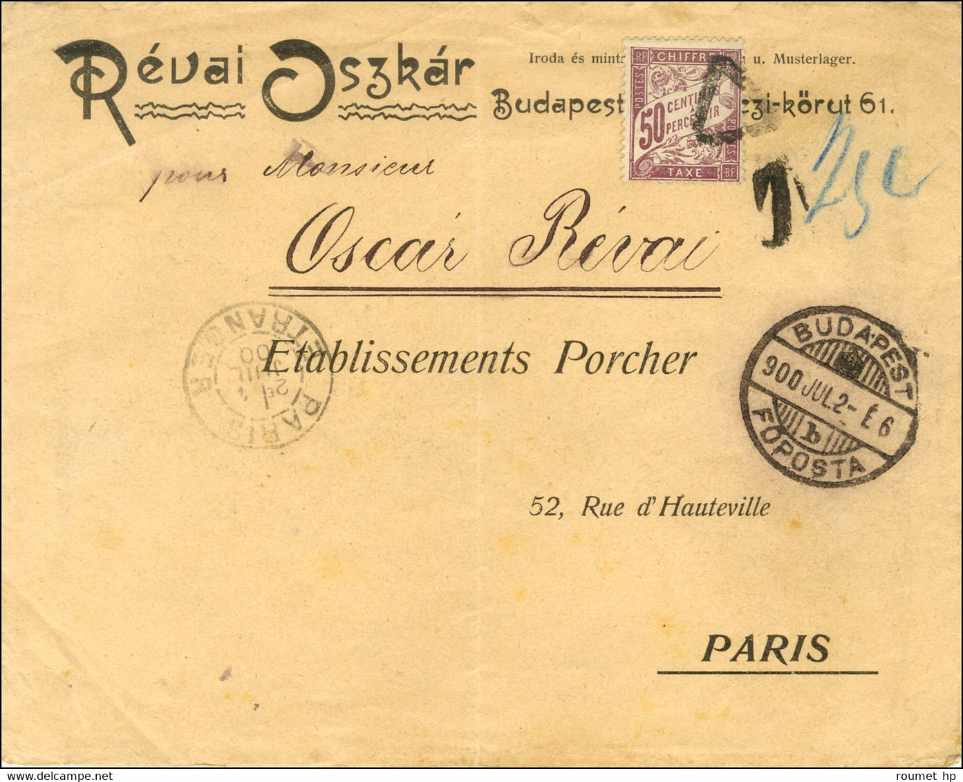 Càd BUDAPEST Sur Lettre Non Affranchie Pour La France, Taxe N° 37 Obl à L'arrivée. 1900. - TB / SUP. - Postal Rates