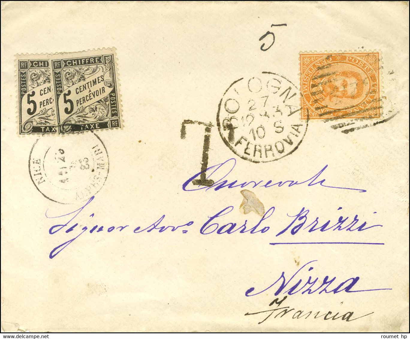 Oblitération BOLOGNA / Italie 20 Centesimi (émission De 1879) Sur Lettre Insuffisamment Affranchie Pour Nice à 20c Au Li - Postal Rates