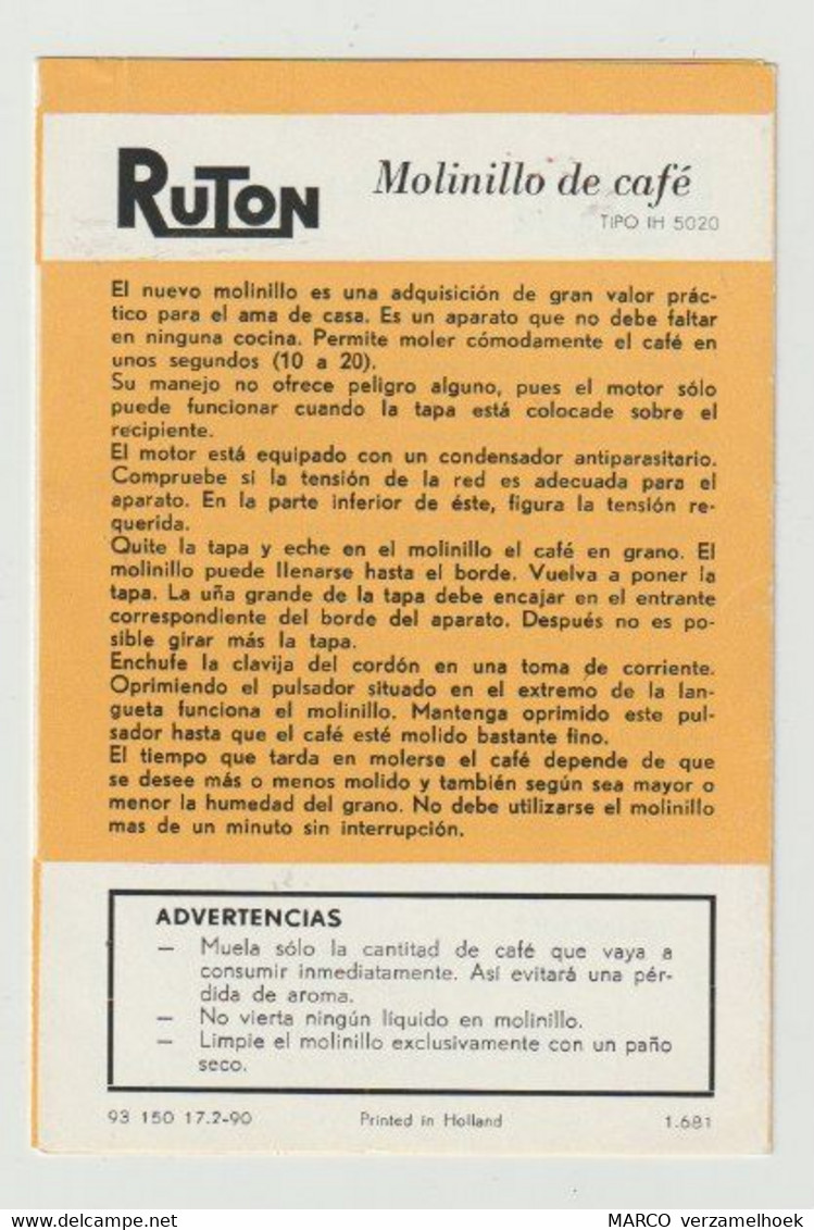 Brochure-leaflet RUTON IH 5020 Koffiemolen - Moulin à Café  (NL) - Littérature & Schémas