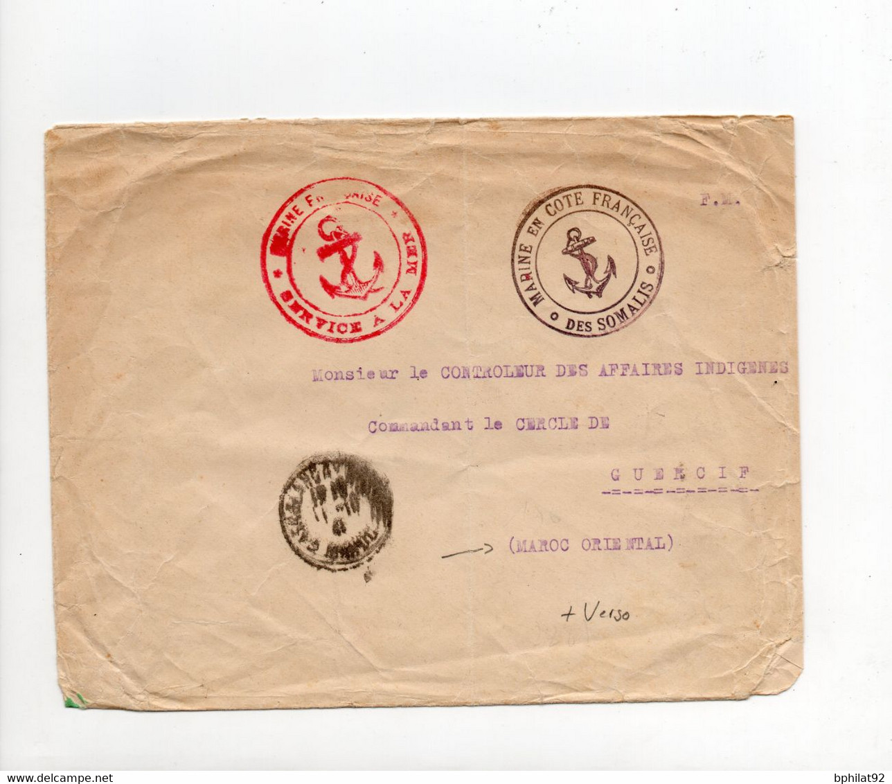 !!! LETTRE EN FRANCHISE DE 1940, CACHET MARINE EN COTE DES SOMALIS FRANCAISE, POUR LE MAROC - Cartas & Documentos
