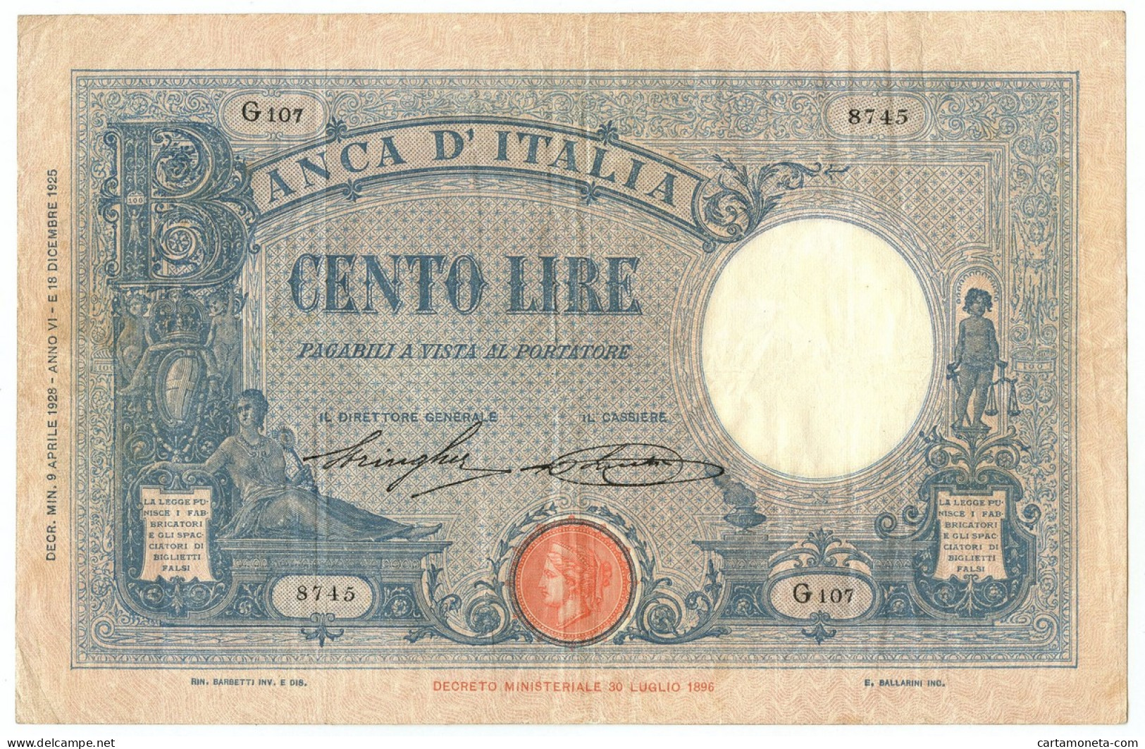 100 LIRE BARBETTI GRANDE B AZZURRO TESTINA FASCIO 09/04/1928 BB/BB+ - Regno D'Italia – Other