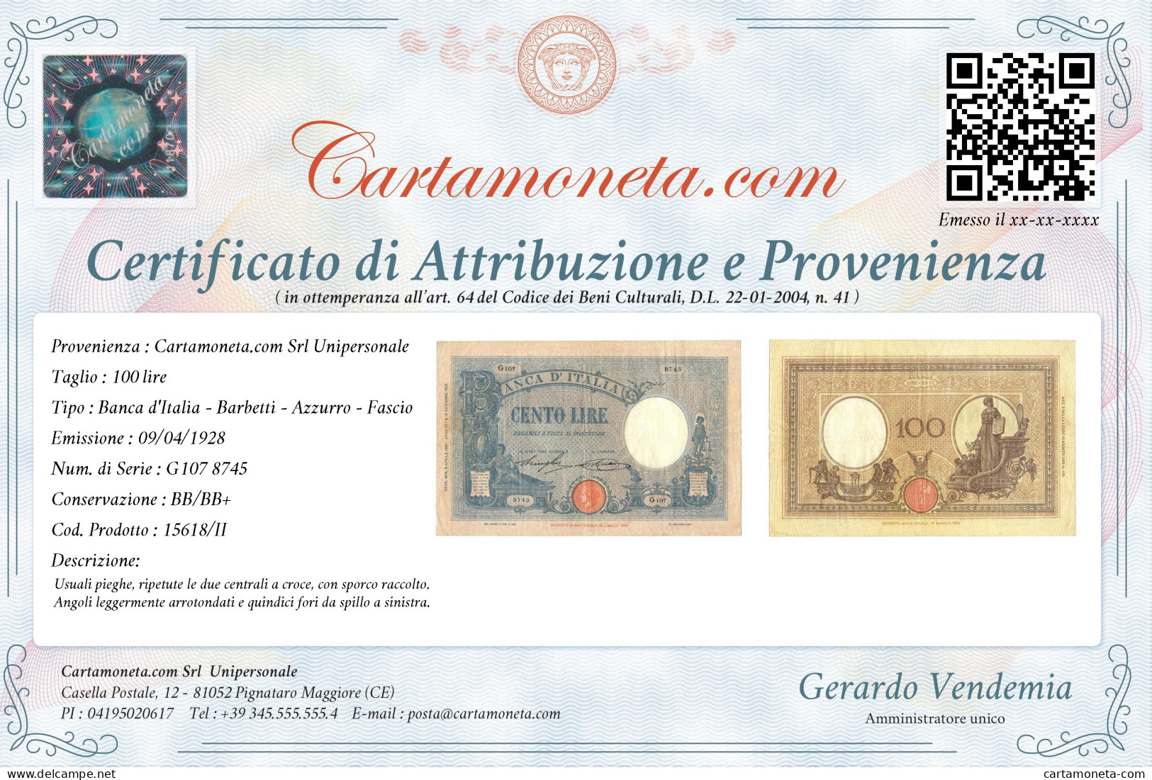 100 LIRE BARBETTI GRANDE B AZZURRO TESTINA FASCIO 09/04/1928 BB/BB+ - Regno D'Italia – Autres