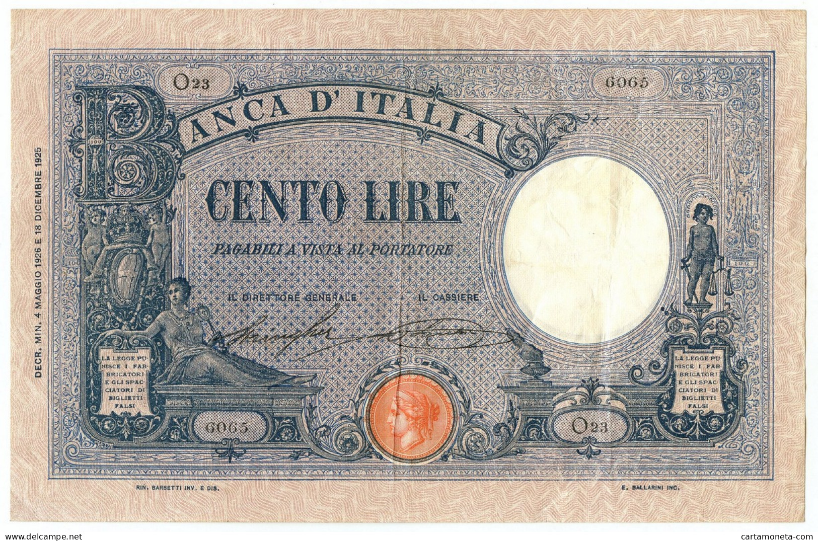 100 LIRE BARBETTI GRANDE B AZZURRO TESTINA DECRETO 04/05/1926 BB/BB+ - Regno D'Italia – Other