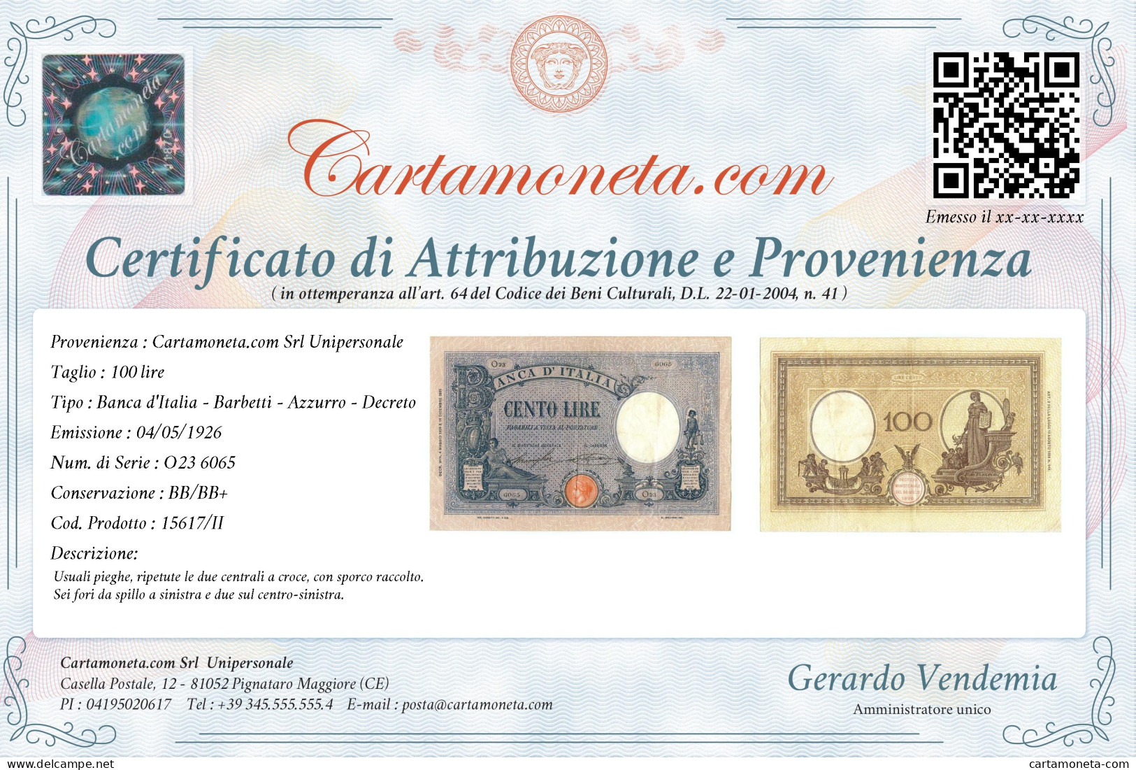 100 LIRE BARBETTI GRANDE B AZZURRO TESTINA DECRETO 04/05/1926 BB/BB+ - Regno D'Italia – Autres