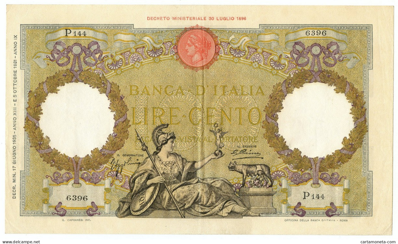 100 LIRE CAPRANESI AQUILA ROMANA TESTINA FASCIO ROMA 17/06/1935 SPL/SPL+ - Regno D'Italia – Autres