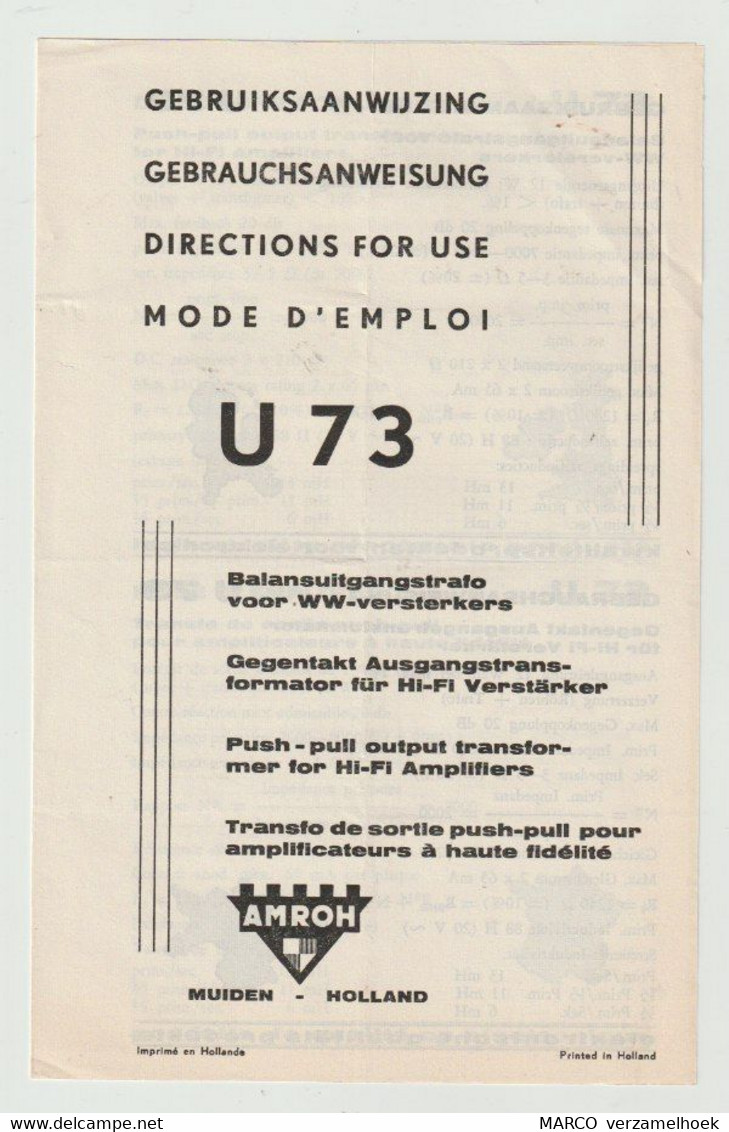 Brochure-leaflet AMROH Radio Onderdelen Muiden (NL) U73 - Literatur & Schaltpläne