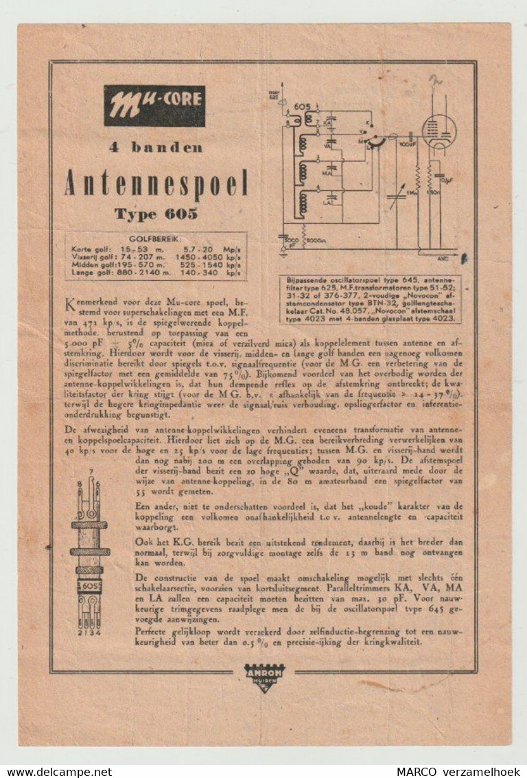 Brochure-leaflet AMROH Radio Onderdelen Muiden (NL) Mu-core Aerial Coil Type 605 - Libros Y Esbozos