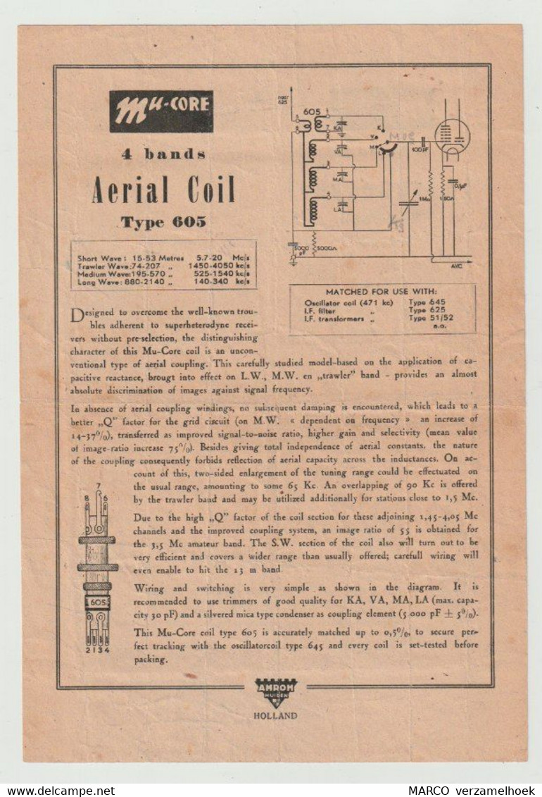 Brochure-leaflet AMROH Radio Onderdelen Muiden (NL) Mu-core Aerial Coil Type 605 - Littérature & Schémas