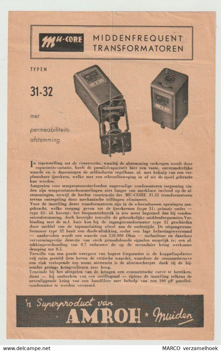 Brochure-leaflet AMROH Radio Onderdelen Muiden (NL) Mu-core Typen 31 En 32 - Littérature & Schémas