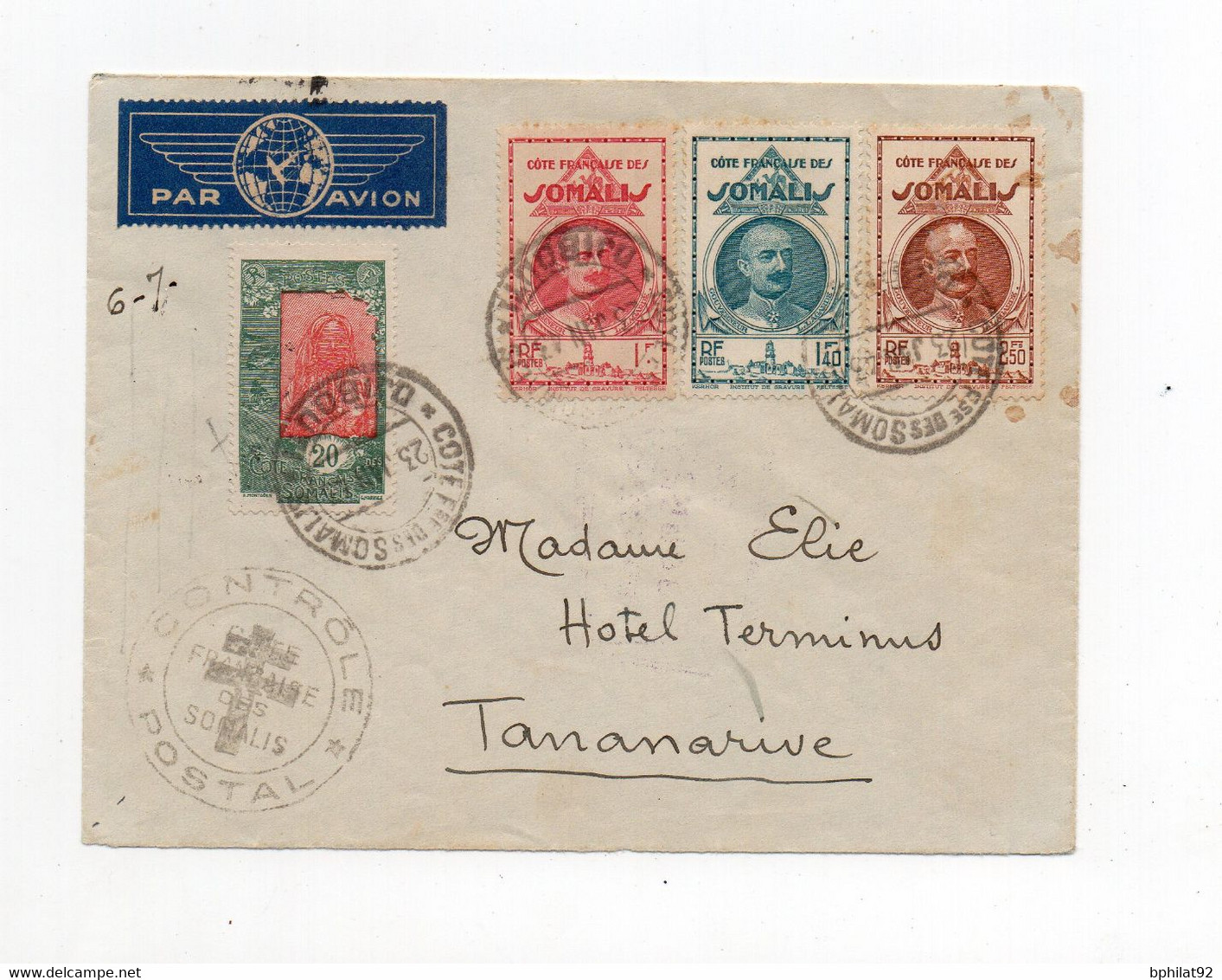 !!! COTE DES SOMALIS, LETTRE DE DJIBOUTI DE 1943 POUR TANANARIVE, RARE CENSURE CONTROLE POSTAL + CROIX DE LORRAINE - Brieven En Documenten