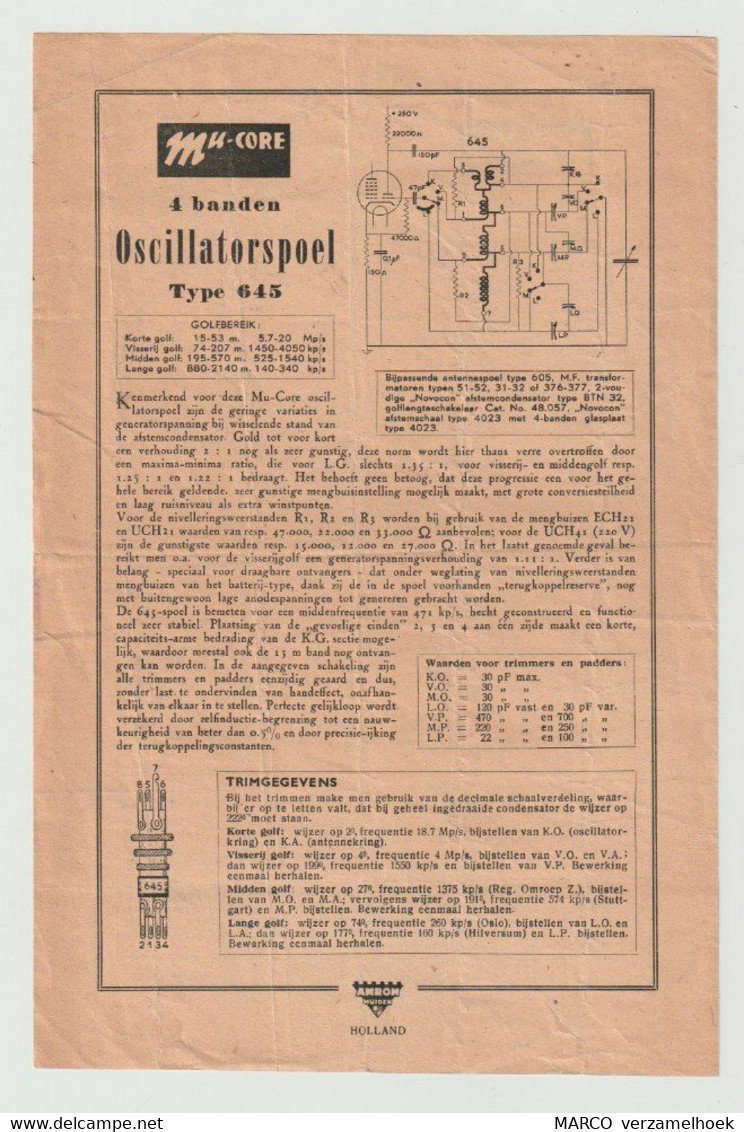 Brochure-leaflet AMROH Radio Onderdelen Muiden (NL) Mu-core Oscillator Coil Type 645 - Libros Y Esbozos