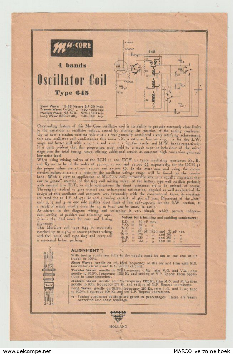 Brochure-leaflet AMROH Radio Onderdelen Muiden (NL) Mu-core Oscillator Coil Type 645 - Literatuur & Schema's