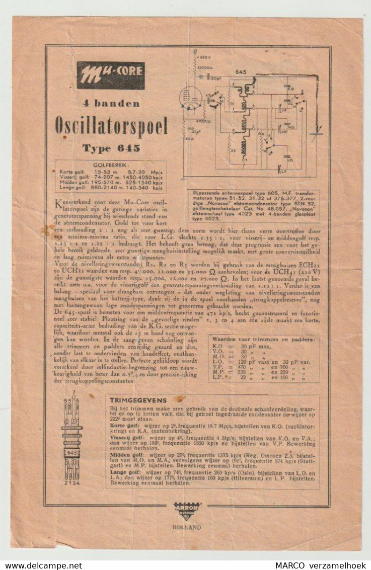 Brochure-leaflet AMROH Radio Onderdelen Muiden (NL) Mu-core Oscillator Coil Type 645 - Littérature & Schémas