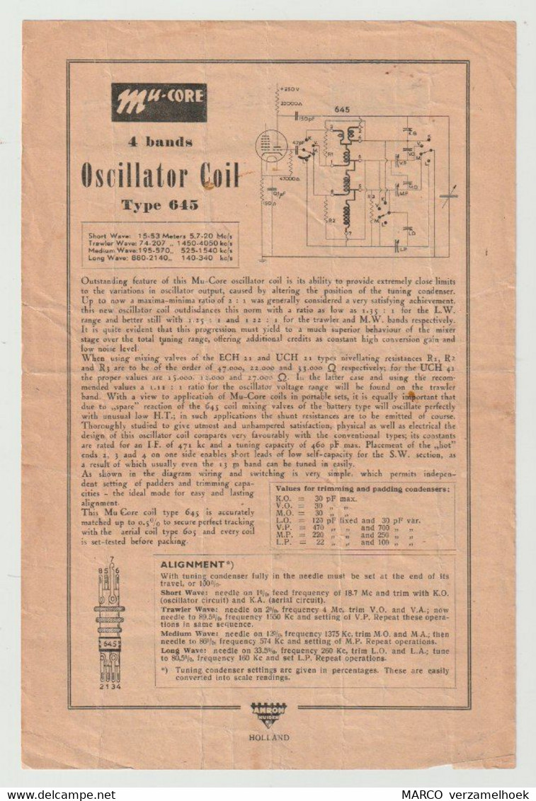 Brochure-leaflet AMROH Radio Onderdelen Muiden (NL) Mu-core Oscillator Coil Type 645 - Littérature & Schémas