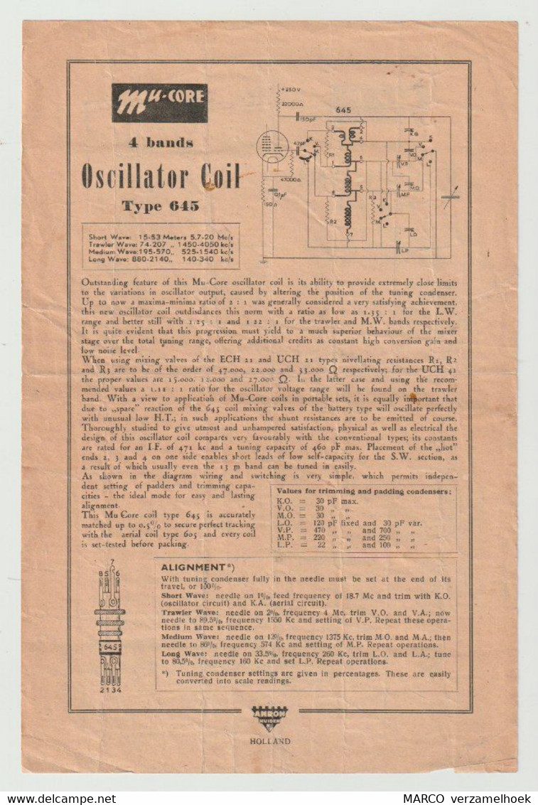 Brochure-leaflet AMROH Radio Onderdelen Muiden (NL) Mu-core Oscillator Coil Type 645 - Literatur & Schaltpläne