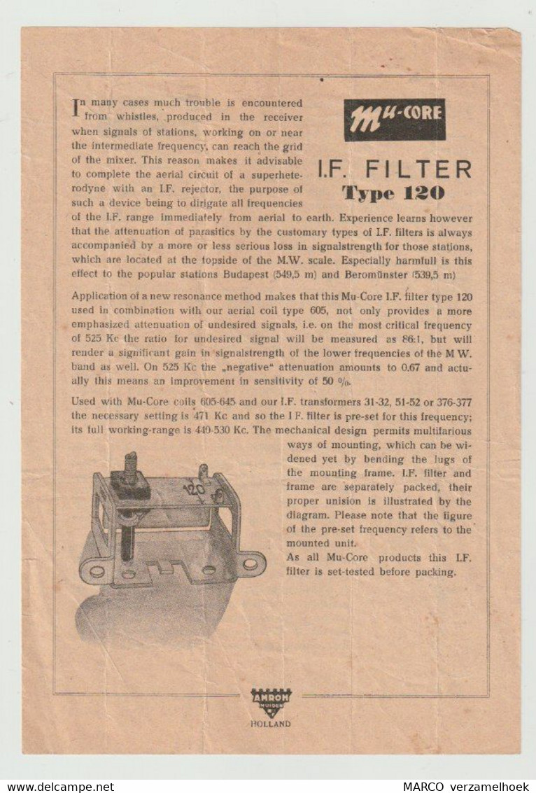 Brochure-leaflet AMROH Radio Onderdelen Muiden (NL) Mu-core I.F. Filter Type 120 - Littérature & Schémas