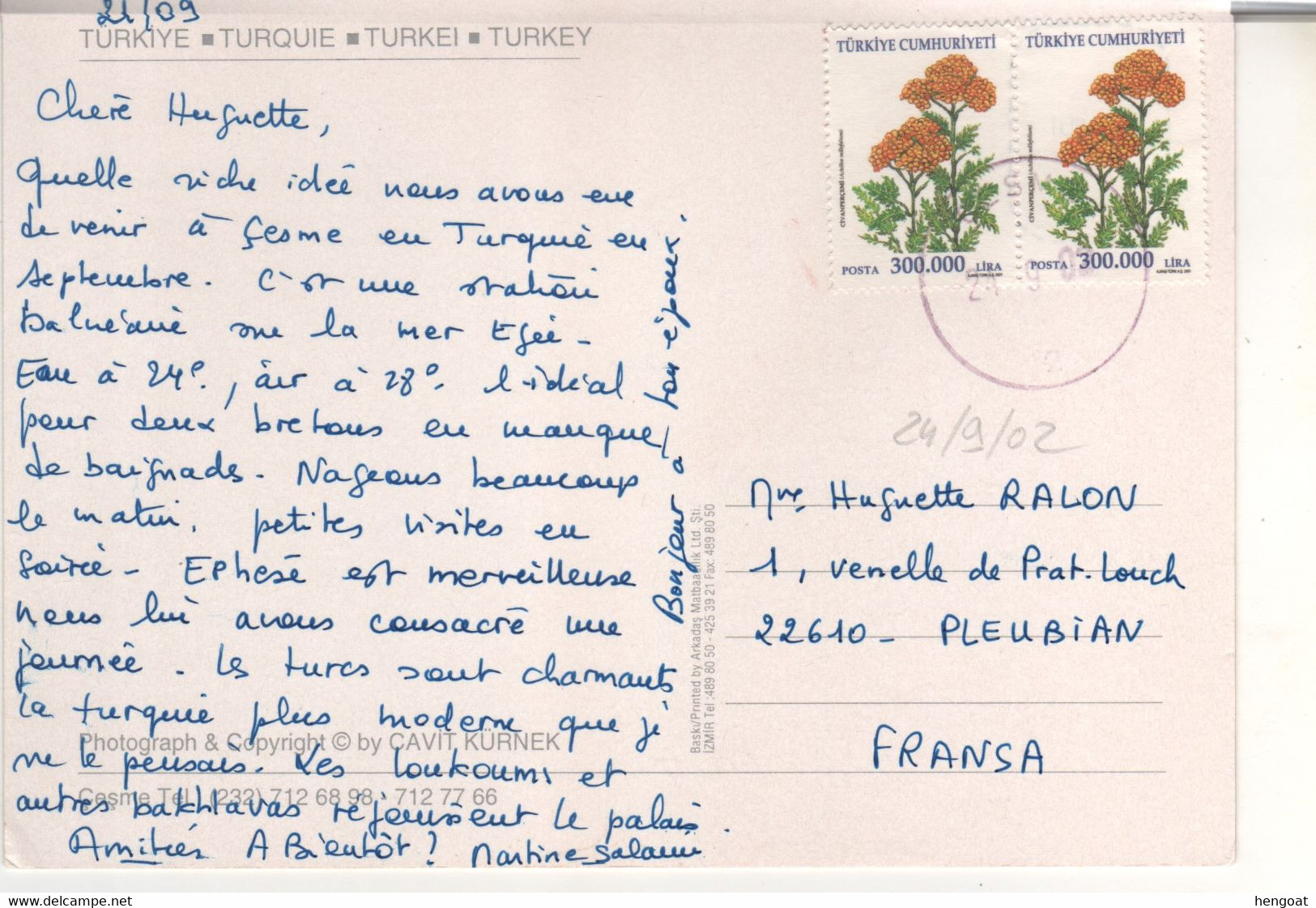 Timbres , Stamps Fleurs " Achillea Millefolium "  Sur Cp , Carte , Postcard Du 24/09/2002 - Covers & Documents