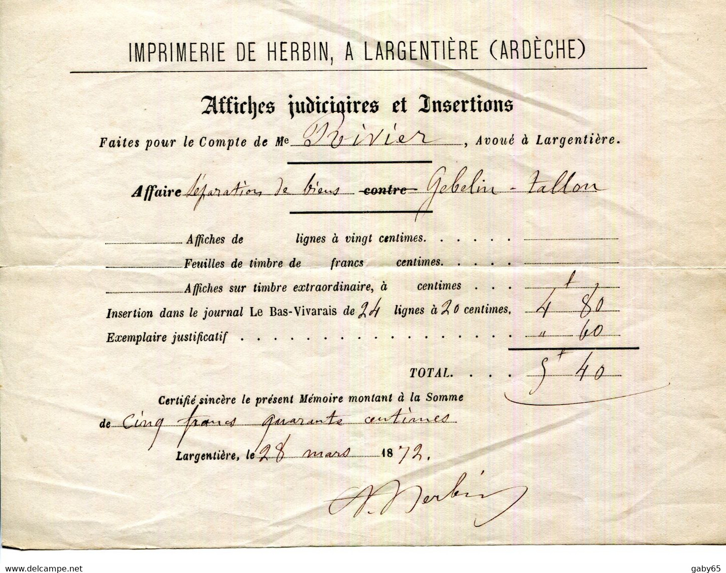 FACTURE.07.ARDECHE.LARGENTIERE.AFFICHES JUDICIAIRES ET INSERTIONS.IMPRIMERIE DE HERBIN. - Druck & Papierwaren