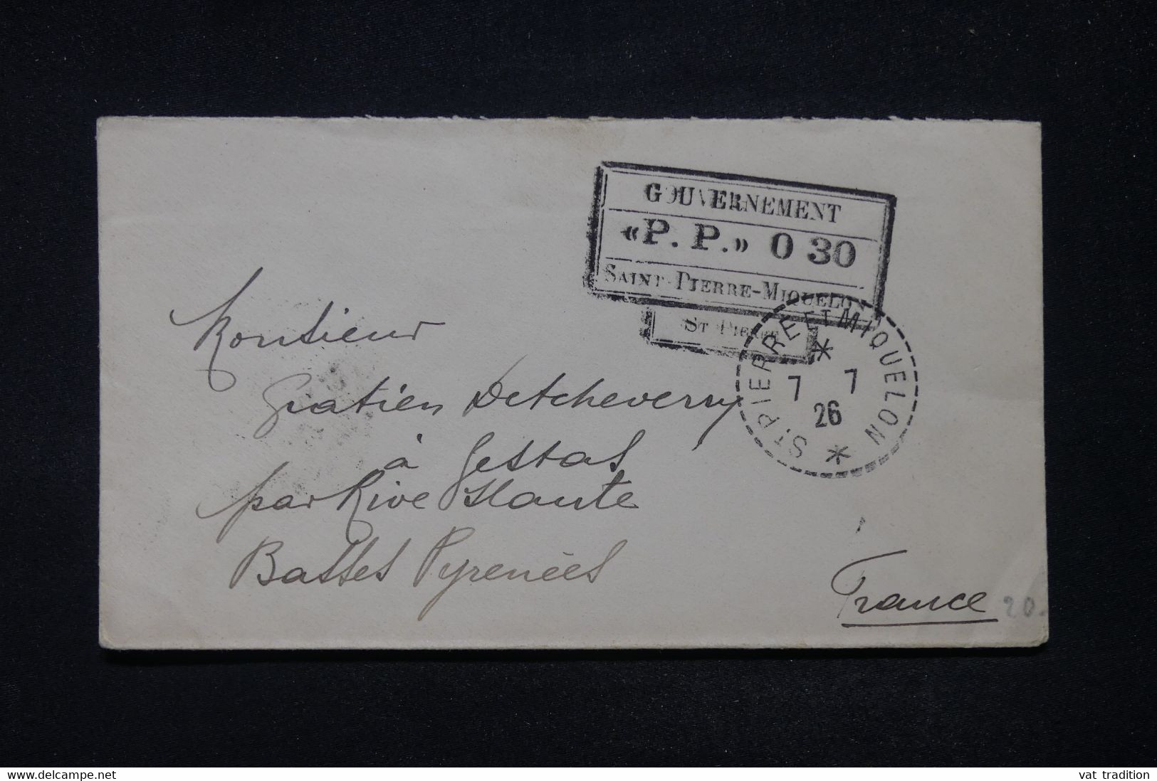SAINT PIERRE ET MIQUELON - Enveloppe Avec Cachet PP 0.30 De St Pierre Pour  Rivehaute En 1926 - L 117370 - Cartas & Documentos