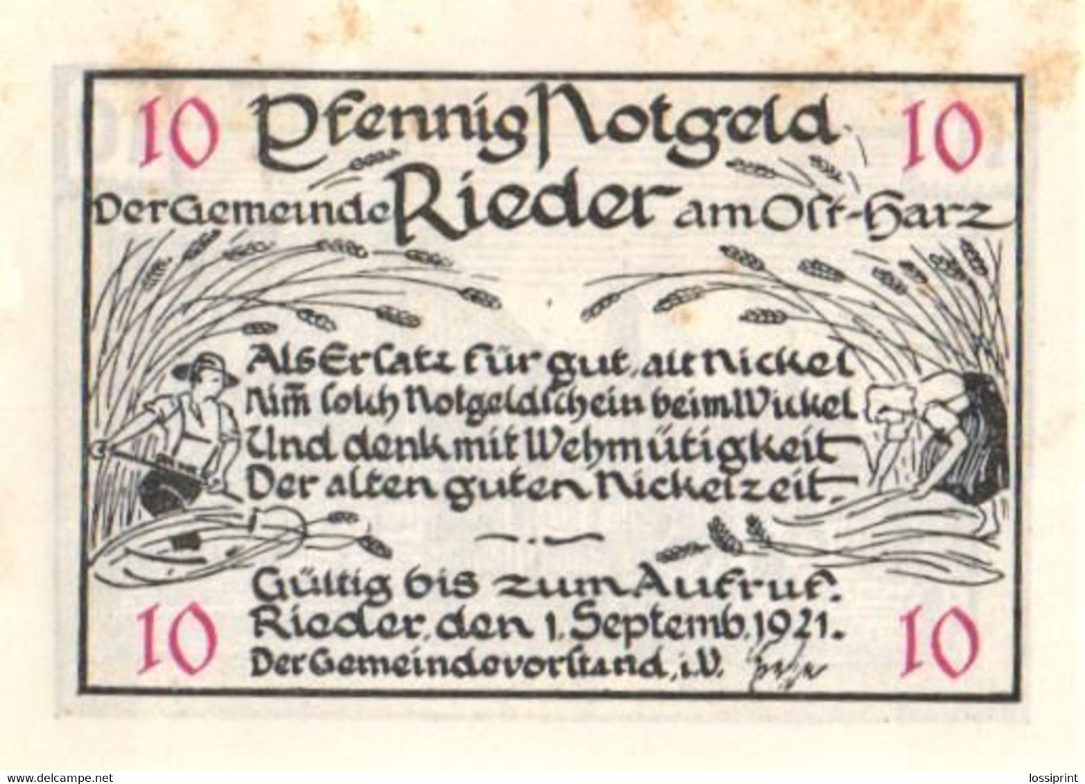 Germany Notgeld:Gemeinde Rieder Am Ost-Harz 10 Pfennig, 1921 - Collections