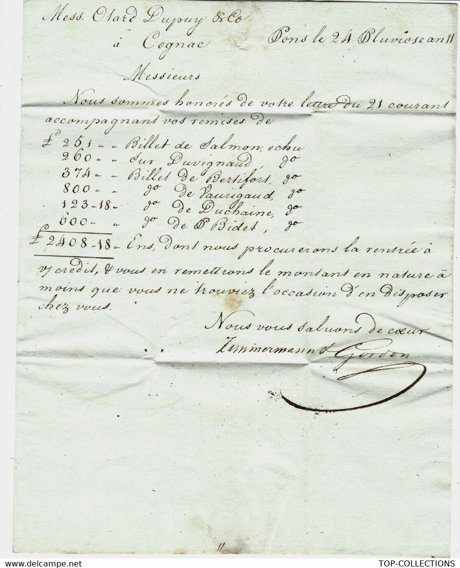 1794 NEGOCE  BANQUE VIN ALCOOL COGNAC CHARENTE LETTRE Par Zimmerman Et Gordon à Pons => Otar Dupuy à Cognac B.E.V.SCANS - ... - 1799