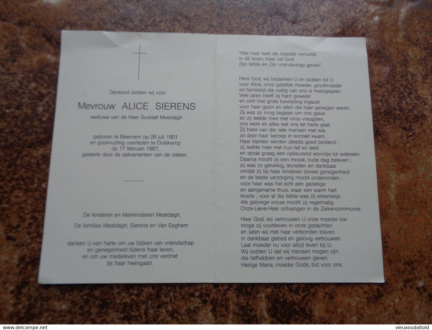 Doodsprentje/Bidprentje  ALICE SIERENS   Beernem 1901-1987 Oostkamp   (Wwe Gustaaf Mestdagh) - Godsdienst & Esoterisme