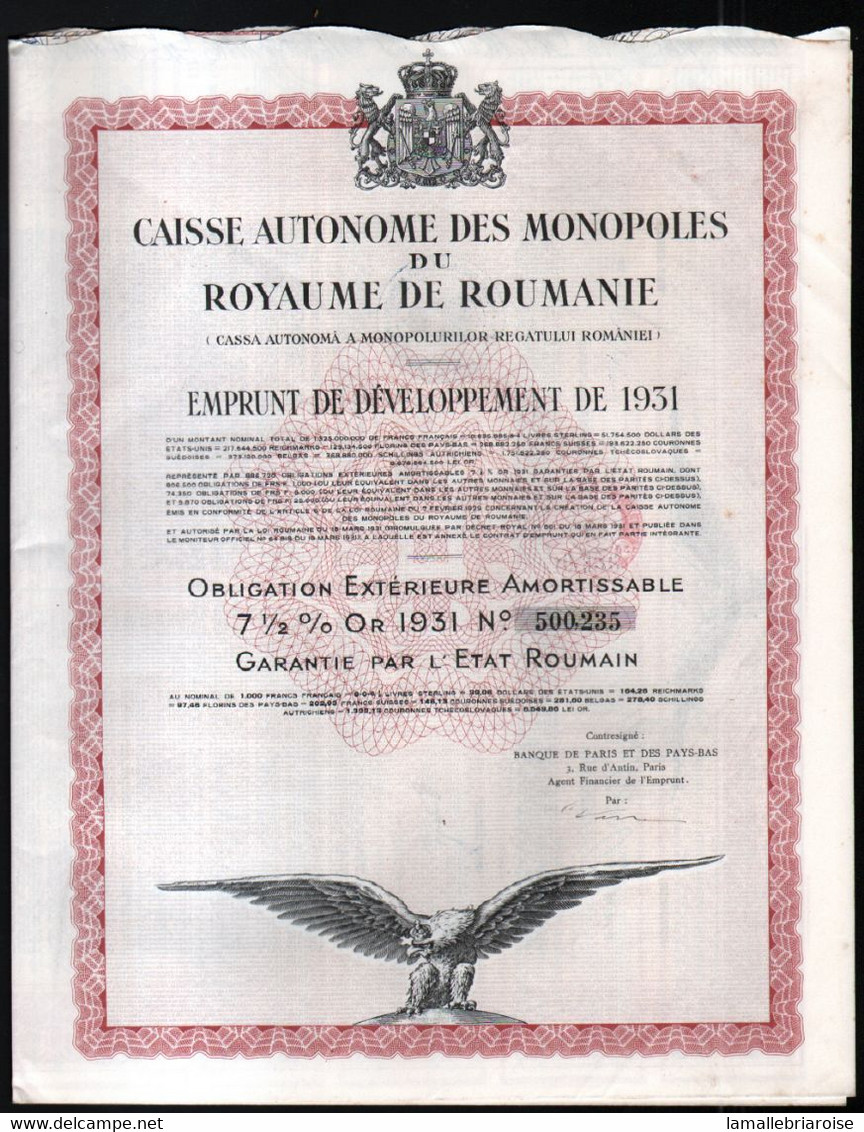 CAISSE AUTONOME Des MONOPOLES Du ROYAUME De ROUMANIE -------Obligation 7 1/2% Or 1931 - Sonstige & Ohne Zuordnung