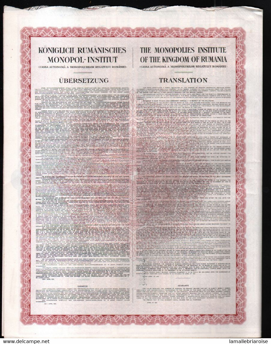 CAISSE AUTONOME Des MONOPOLES Du ROYAUME De ROUMANIE -------Obligation 7 1/2% Or 1931 - Sonstige & Ohne Zuordnung