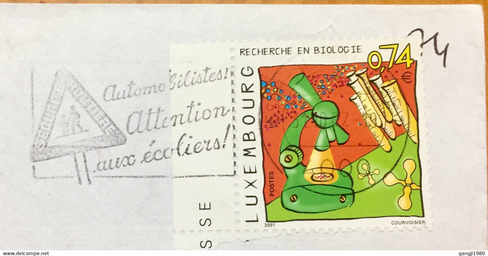 LUXEMBOURG 2002, USED TORNED COVER TO INDIA,MACHINE SLOGAN,MICROSCOPE,HEALTH,SCIENCE TRAFFIC PRE CAUTION, - Storia Postale