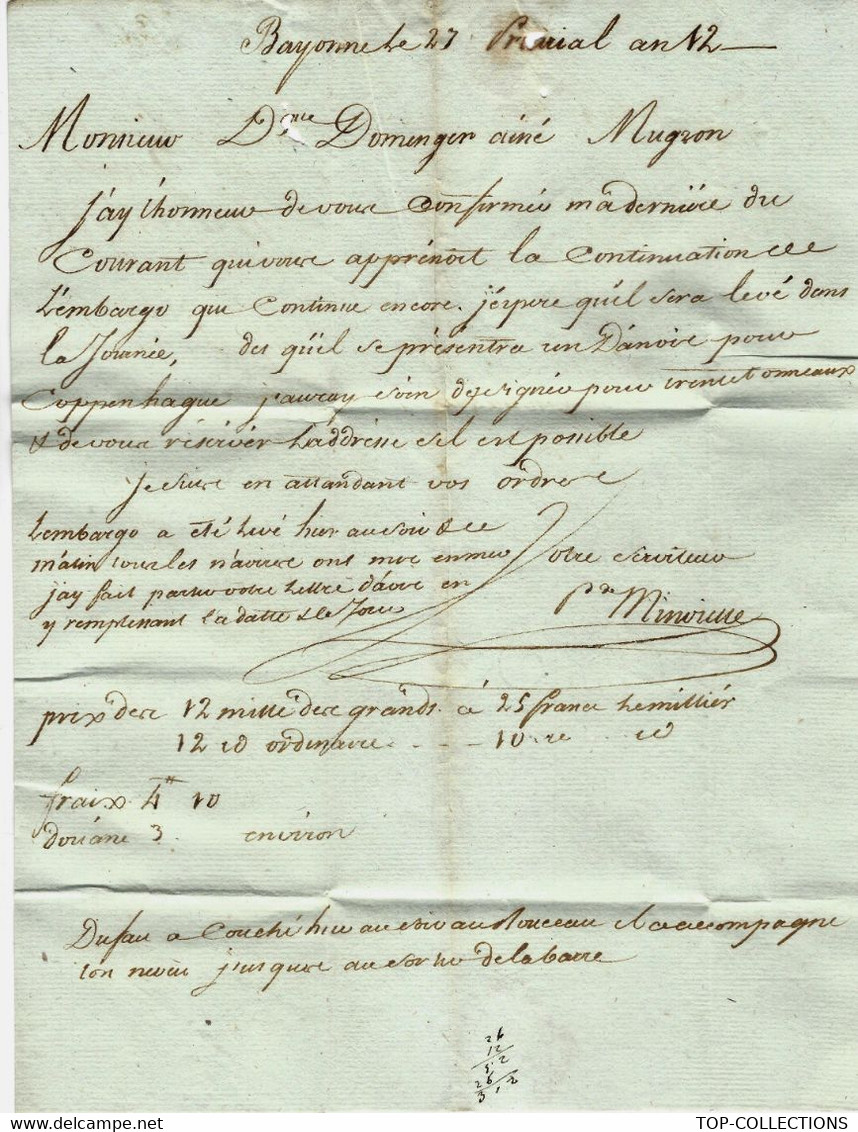 1804 NEGOCE NAVIGATION EMBARGO BLOCUS ANGLETERRE LEVEE De Monvielle Armateur à Bayonne => Domenger Ainé à Mugron V.HIST. - Historische Documenten