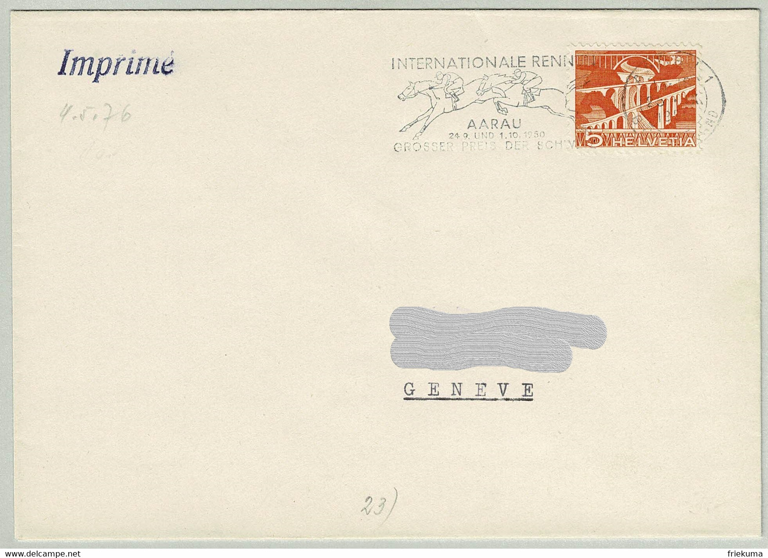 Schweiz / Helvetia 1950, Brief Grosser Preis Der Schweiz Aarau - Genève, Springreiten/Saut D'obstacles/Show Jumping - Hípica