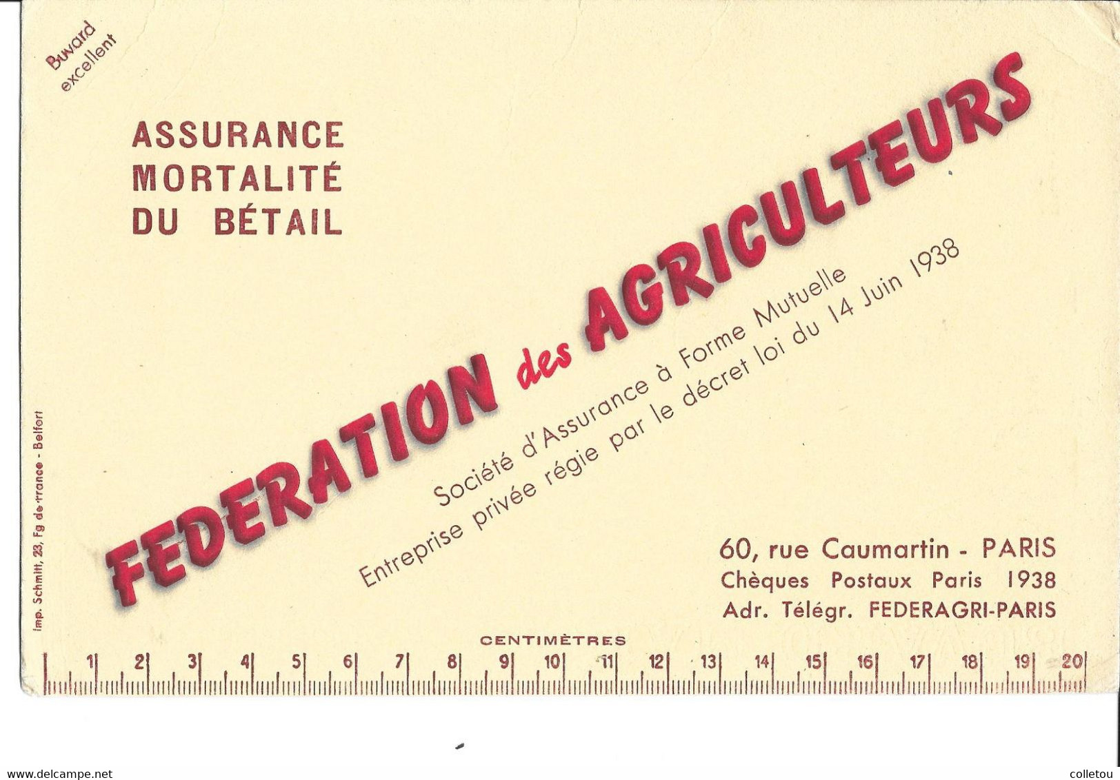 BUVARD FEDERATION DES AGRICULTEURS Assurance Mortalité Du Bétail (P06) - Agriculture