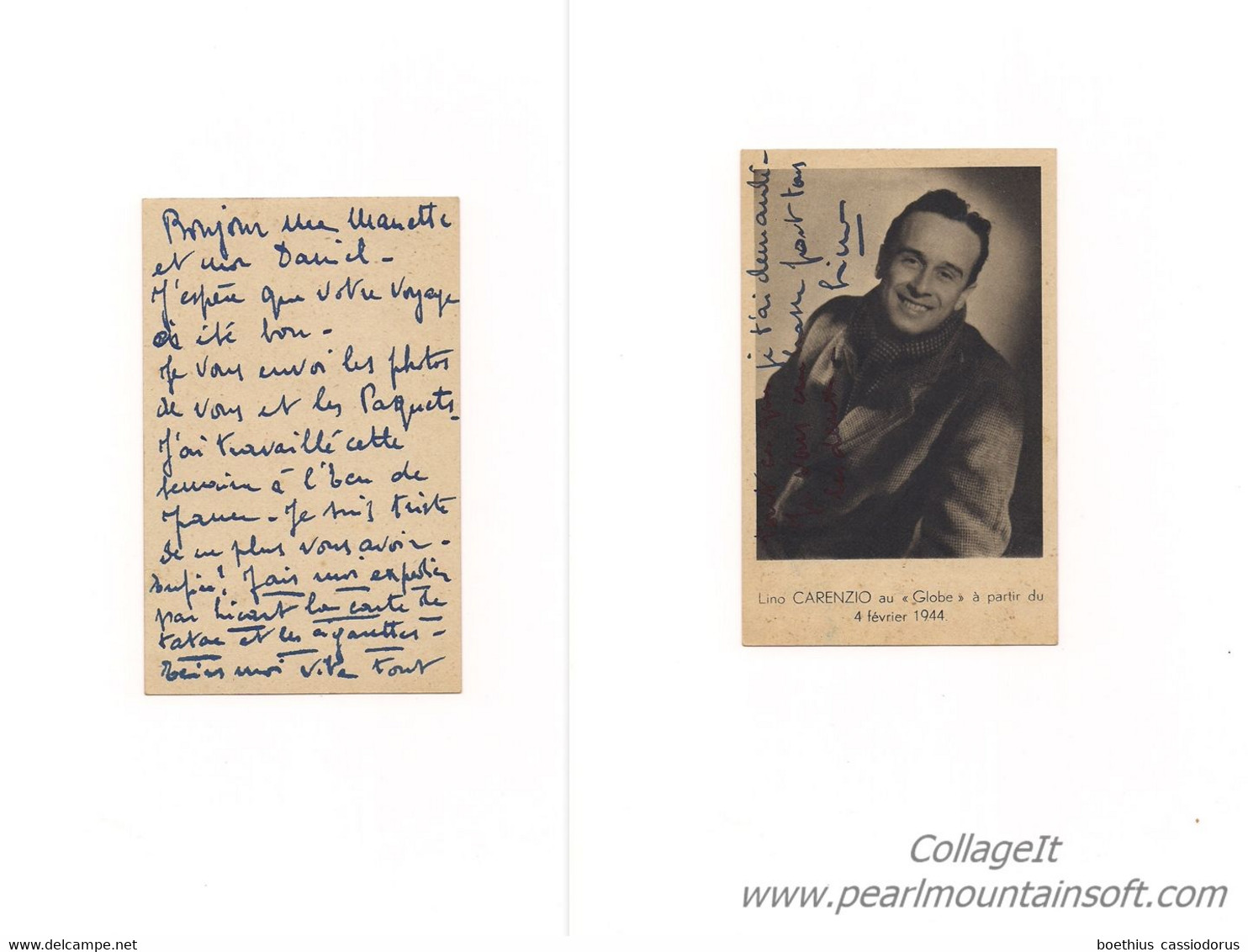 LINO CARENZIO ENVOI A L'ACTEUR DANIEL CLERICE ET SA COMPAGNE MANETTE A PRIORI 1944 VU LA CARTE - Autographes