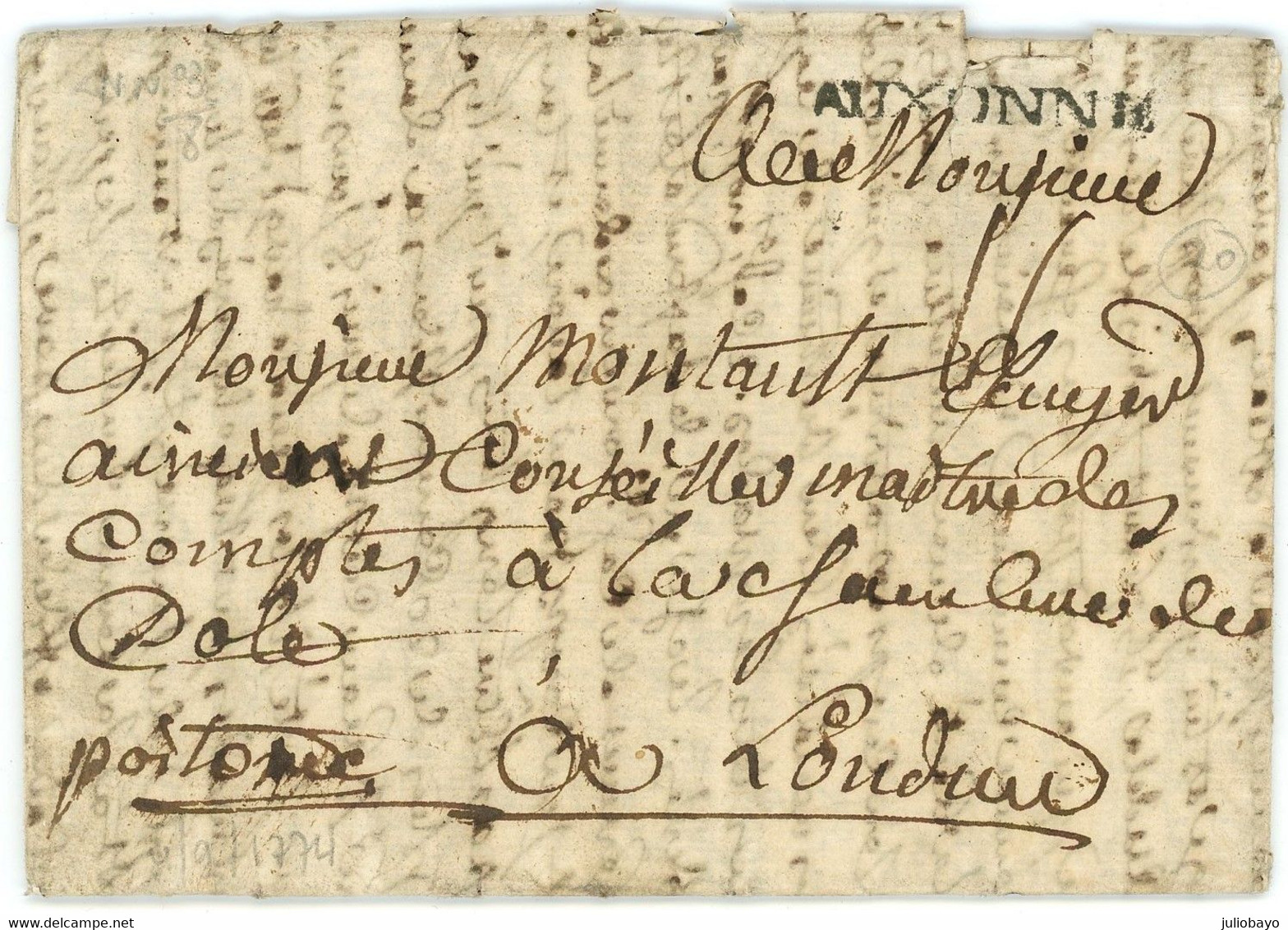 PROMO 1774 Lettre De AUXONNE Vers Loudun , Longue Correspondance (1 Seule Page Scan Montrée) - 1701-1800: Precursores XVIII