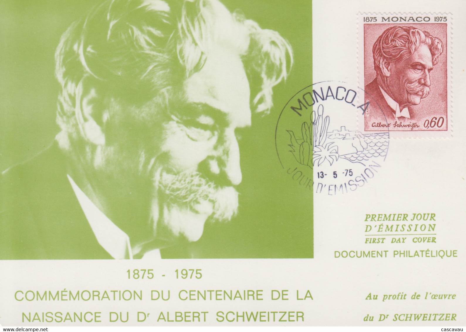 Carte  Maximum  1er  Jour    MONACO    Centenaire   Naissance   Du   Docteur   Albert   SCHWEITZER    1975 - Albert Schweitzer