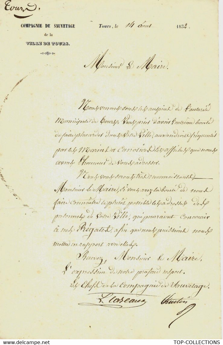 1852  LOIRE MARINE COMPAGNIE DE SAUVETAGE DE LA VILLE DE TOURS LETTRE 'ORGANISATION DE REGATES BATEAUX CANOTS - Historische Dokumente