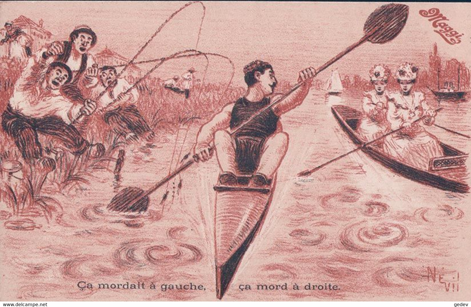 Nevil Illustrateur, Publicité MAGGI, Pêcheurs à La Ligne Et Aviron, Litho (859) - Nevil