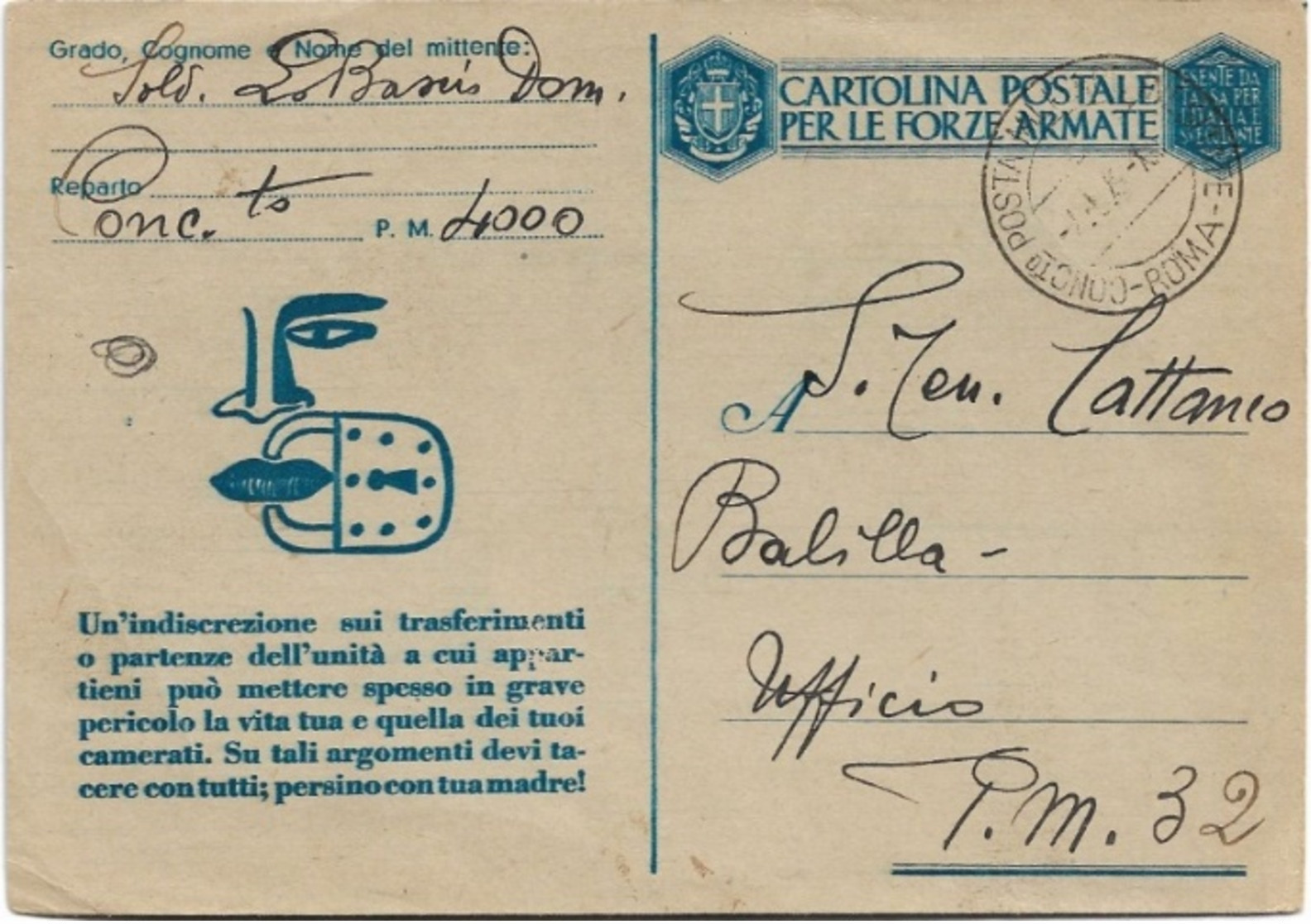 1943 CONCENTRAMENTO P.M.n.4000 Manoscritto E C.2 Concentramento Posta Militare Roma/Inesitate (4.1) Su Franchigia Milita - Marcofilía