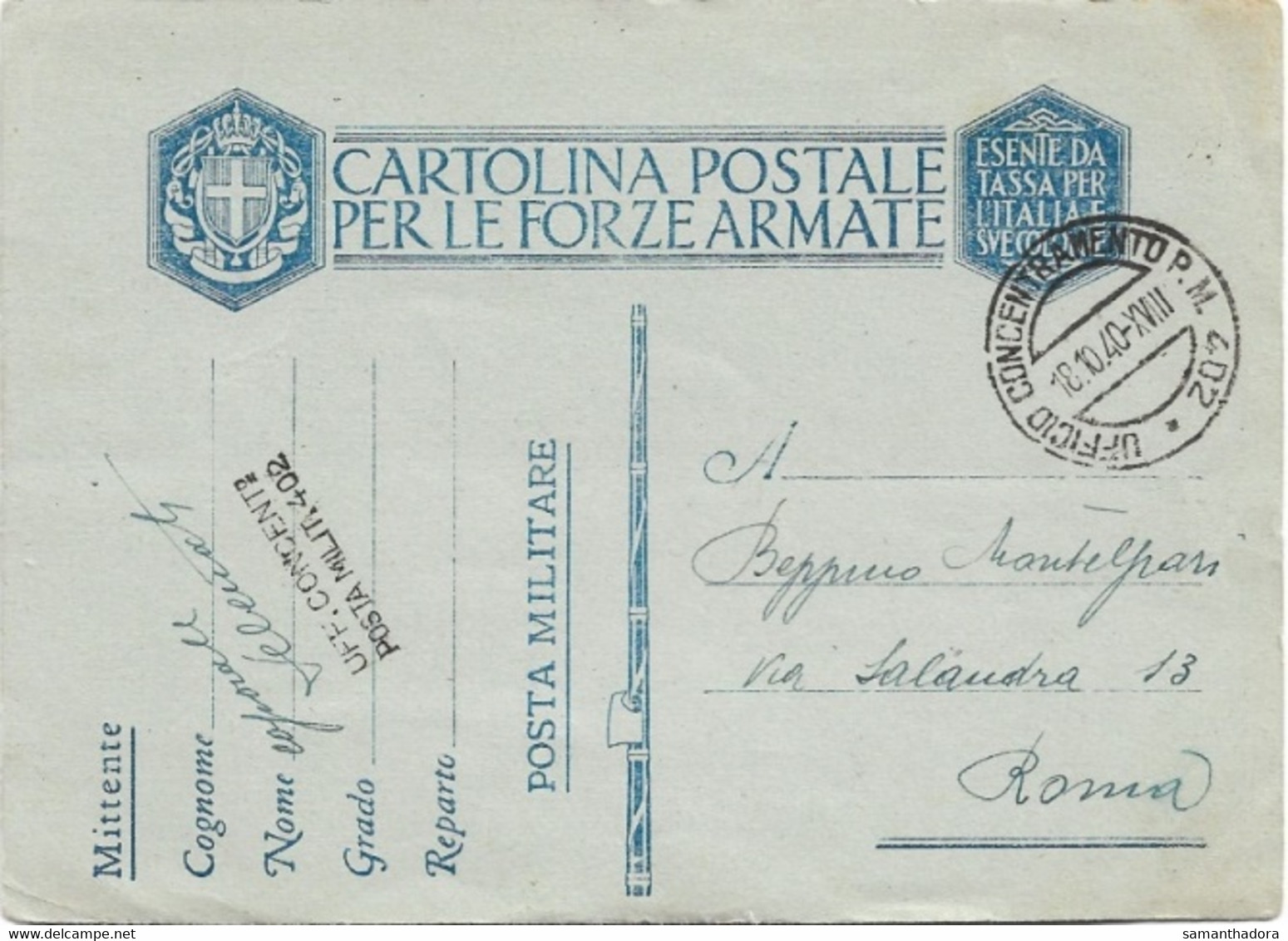 1940 UFFICIO CONCENTRAMENTO POSTA MILITARE/402 C.2 (10.10) E Lineare Su Cartolina Franchigia - Marcofilía