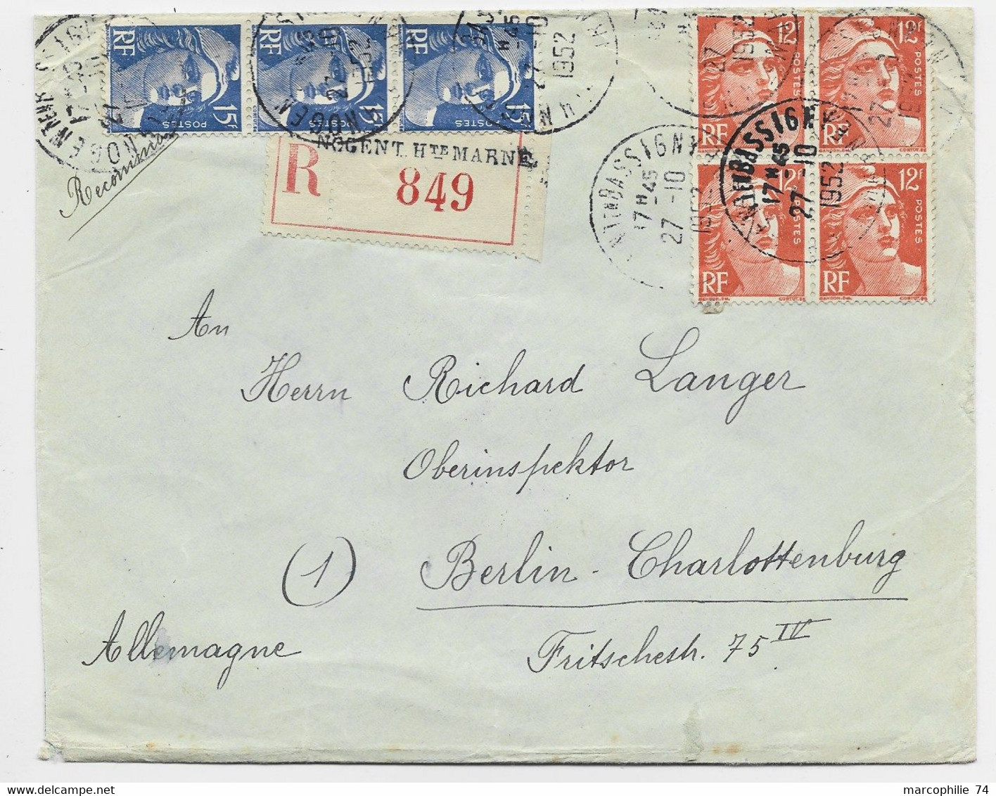 GANDON 15FR BLEUX3 +12FR ORANGE X4 LETTRE REC NOGENT HTE MARNE 27.10.1952 POUR ALLEMAGNE - 1945-54 Maríanne De Gandon