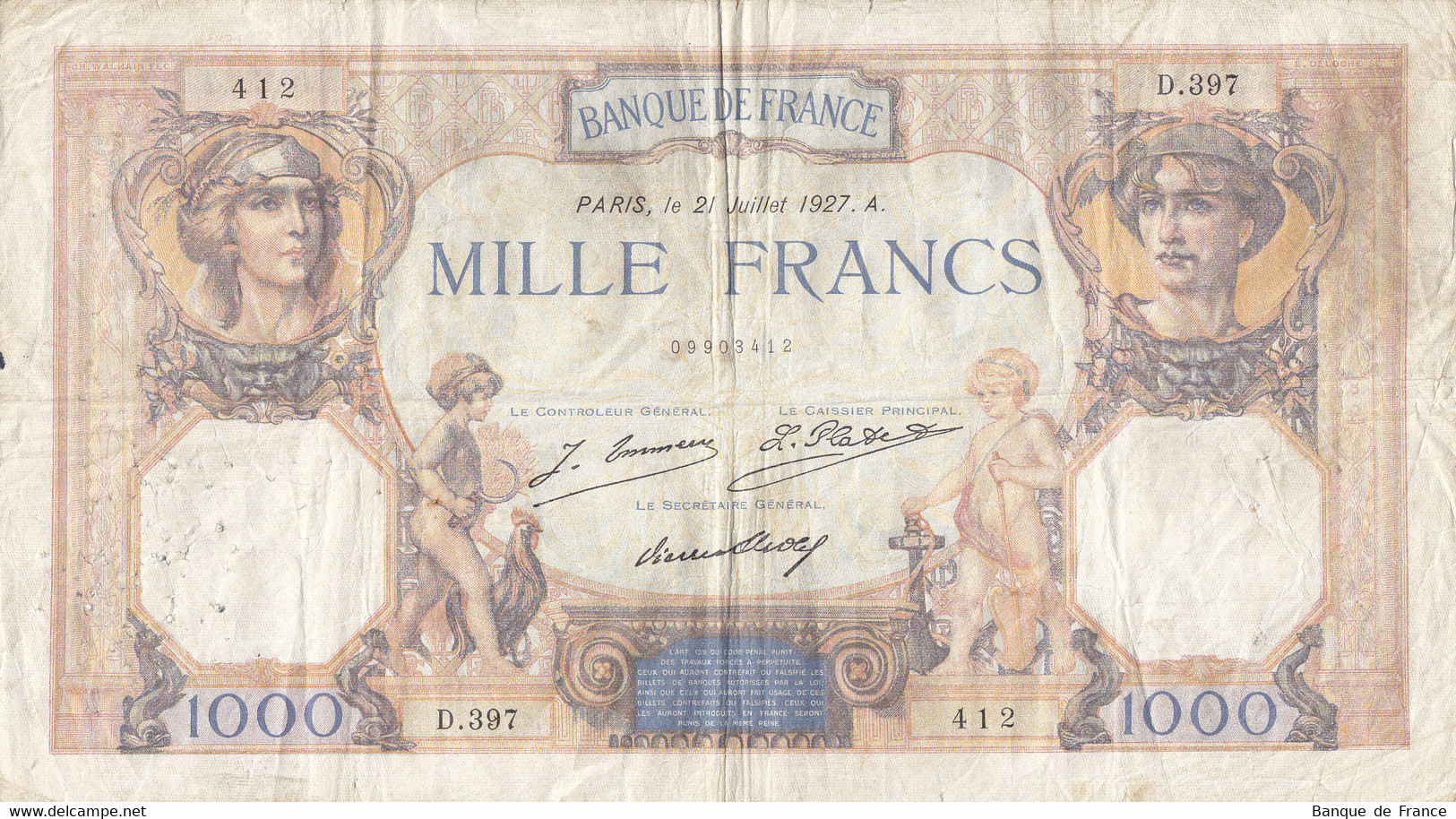 Billet 1000 F Cérès Et Mercure Du 21 Juillet 1927 FAY 37.01 Alph. D.397 - 1 000 F 1927-1940 ''Cérès Et Mercure''