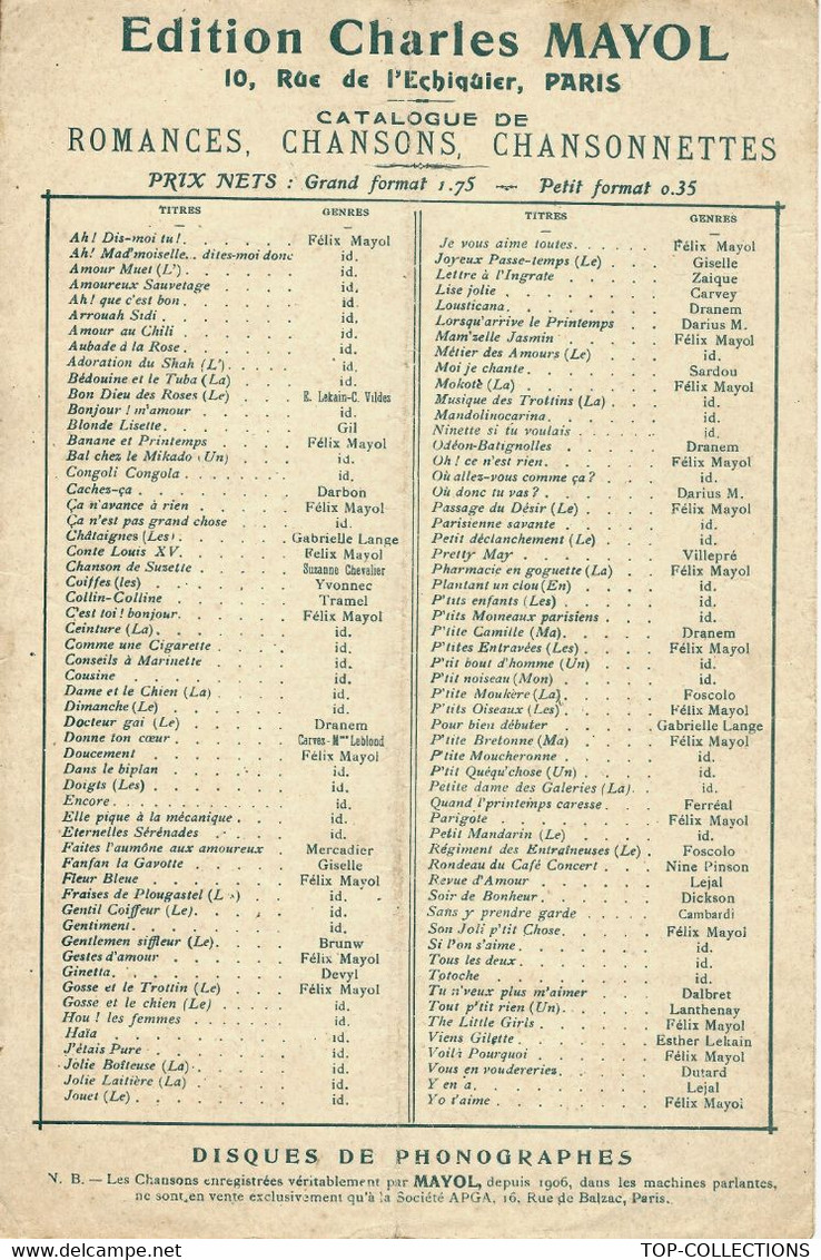 Circa 1911 MAYOL EDITEUR PARTITION DESSIN SEM VOIR SCANS - Collections
