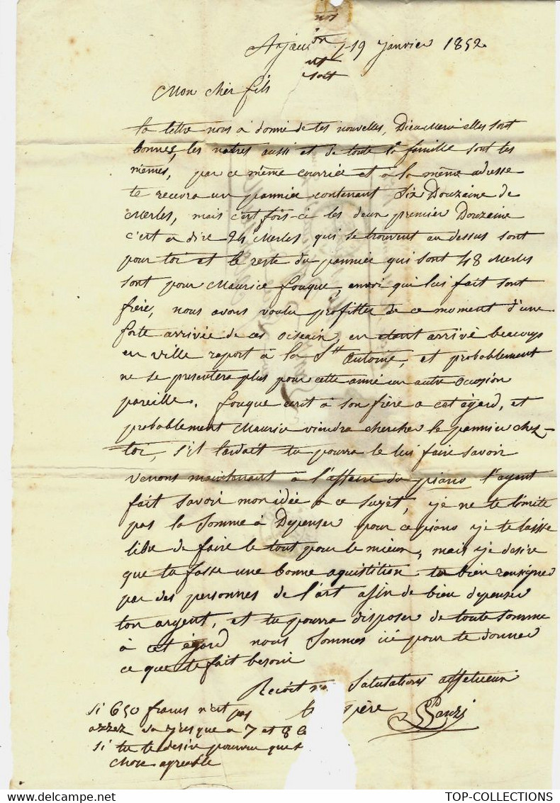 Panzi Ajaccio  => Marseille 1852 UN PERE A SON FILS BELLE  SUPERBE LETTRE FAMILIALE   DES MERLES ET DE L’ARGENT - Manuscripts