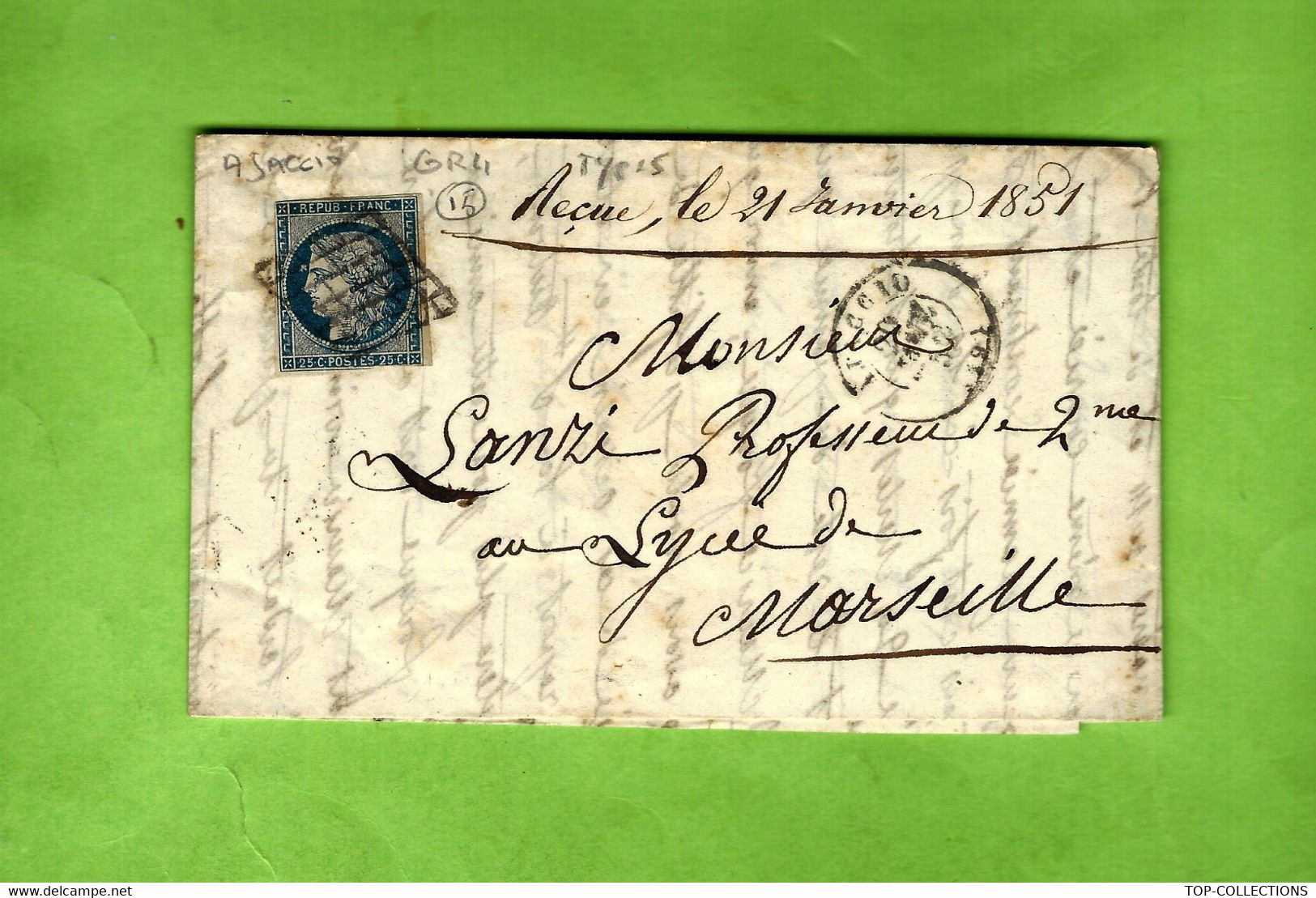 Panzi Ajaccio  => Marseille 1852 UN PERE A SON FILS BELLE  SUPERBE LETTRE FAMILIALE   DES MERLES ET DE L’ARGENT